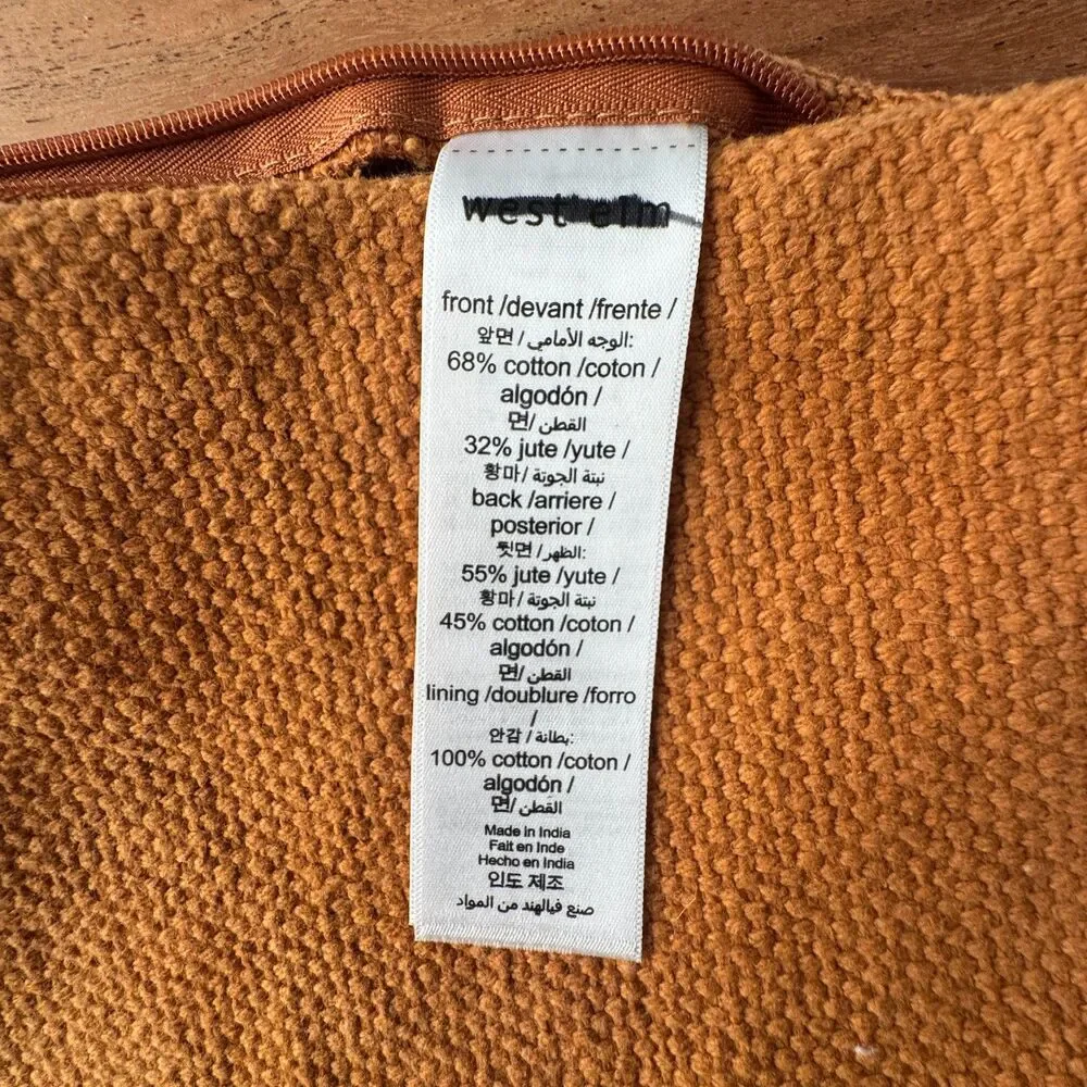 West Elm Cotton Canvas Pillow Cover Honey Gold Rust Cotton Jute Pattern Blocked